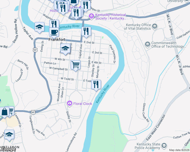 map of restaurants, bars, coffee shops, grocery stores, and more near 509 Murray Street in Frankfort