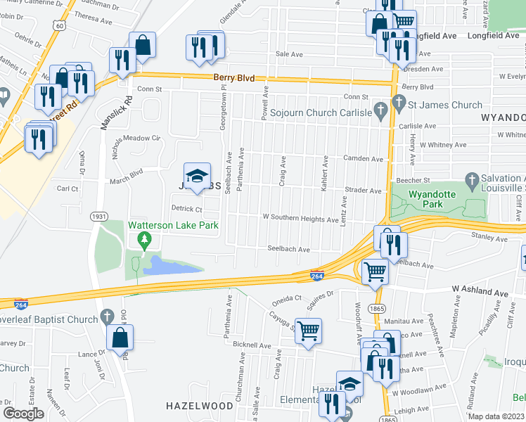 map of restaurants, bars, coffee shops, grocery stores, and more near 3737 Powell Avenue in Louisville