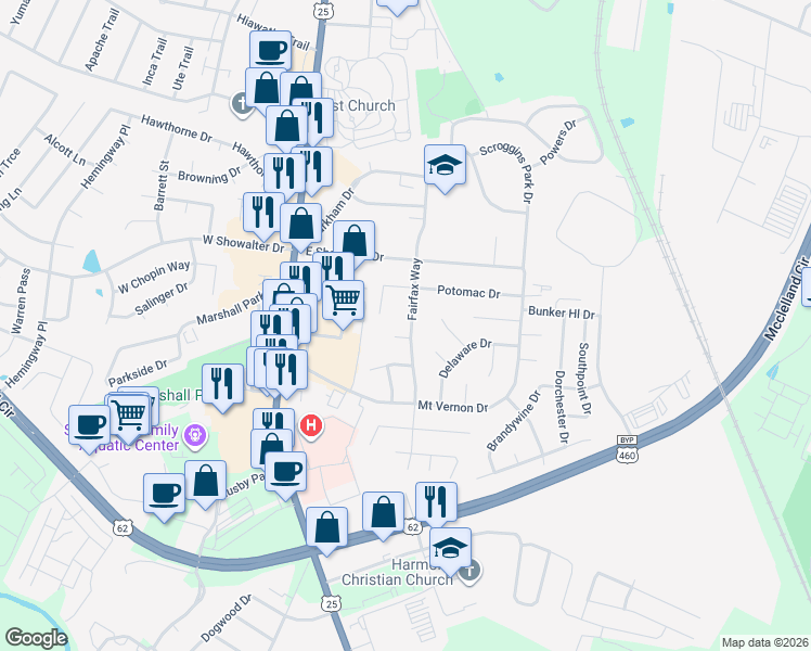 map of restaurants, bars, coffee shops, grocery stores, and more near 1317 Fairfax Way in Georgetown