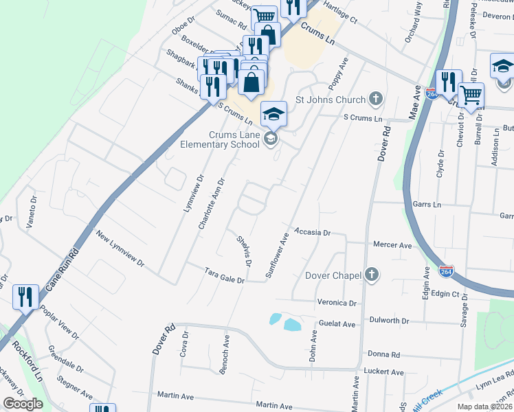 map of restaurants, bars, coffee shops, grocery stores, and more near 4411 Sunset Circle in Louisville