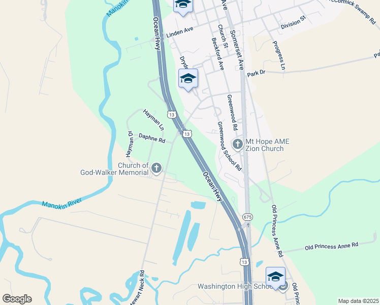 map of restaurants, bars, coffee shops, grocery stores, and more near 11761 Highway 675 in Princess Anne