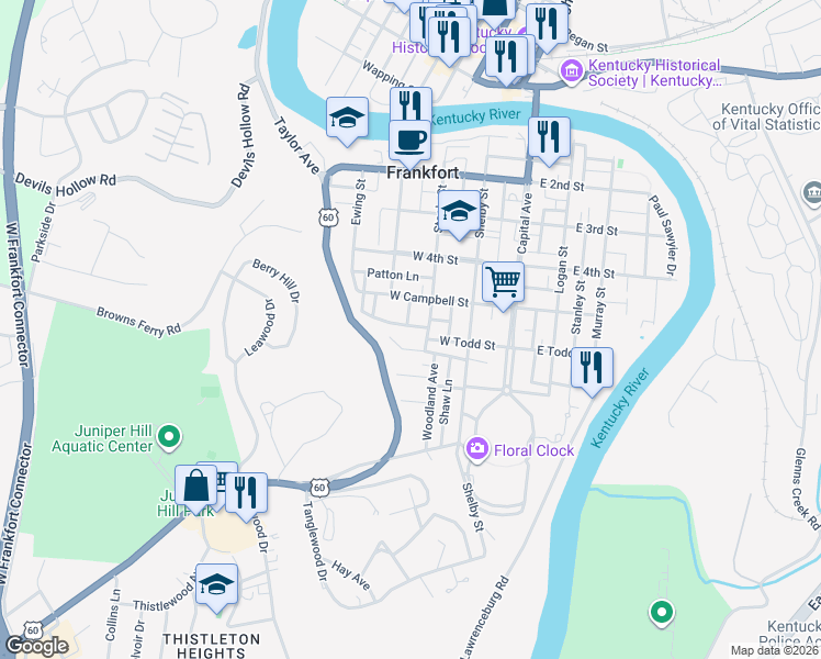 map of restaurants, bars, coffee shops, grocery stores, and more near 315 Coleman Avenue in Frankfort