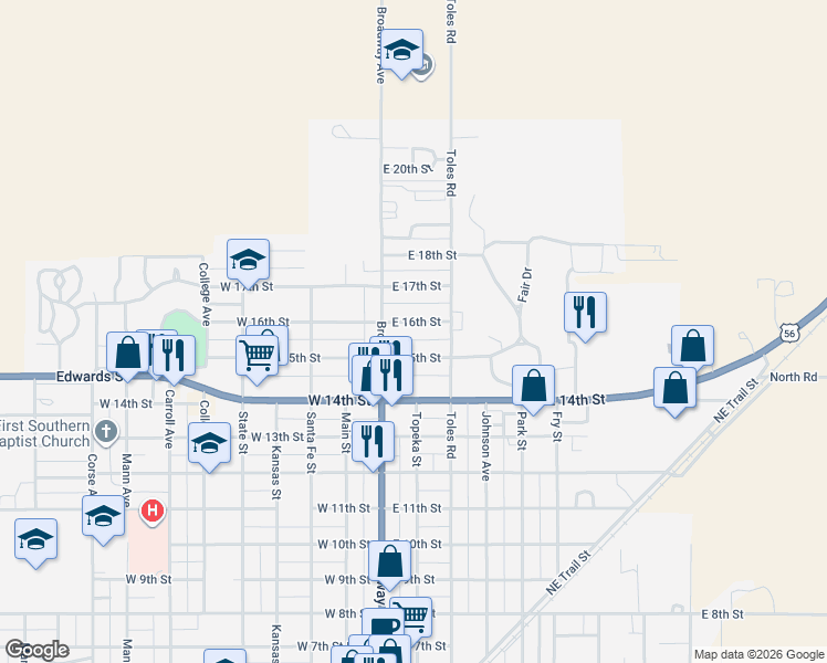 map of restaurants, bars, coffee shops, grocery stores, and more near 101-299 E 15th St in Larned