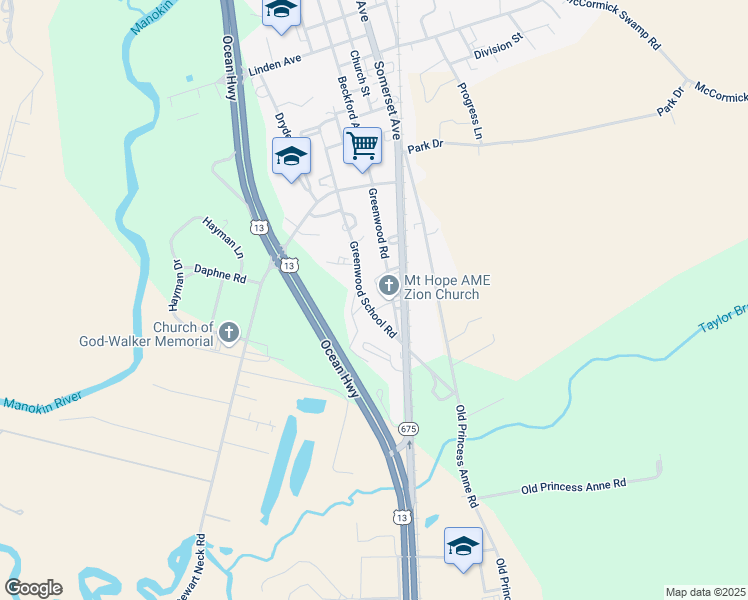 map of restaurants, bars, coffee shops, grocery stores, and more near 11253 Greenwood School Rd in Princess Anne