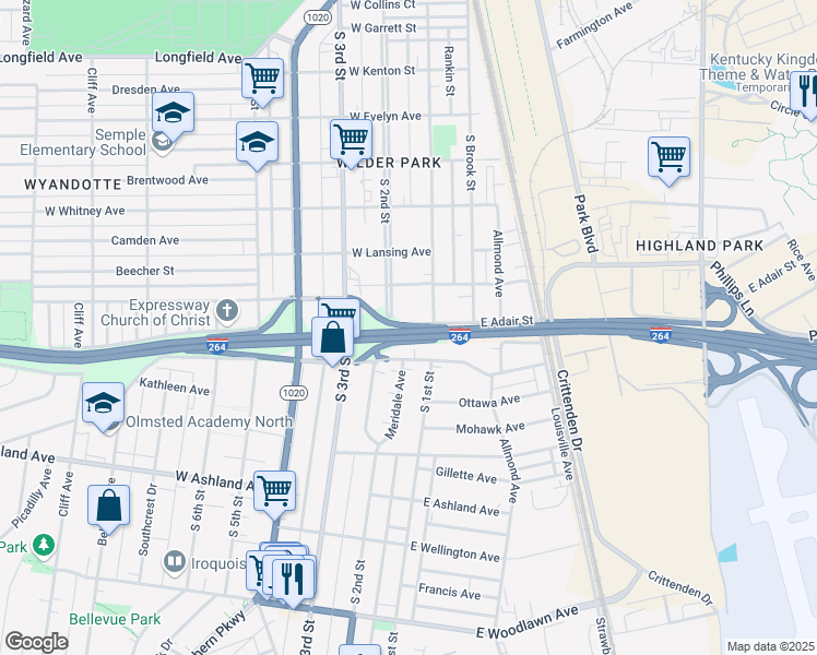 map of restaurants, bars, coffee shops, grocery stores, and more near 105 West Adair Street in Louisville