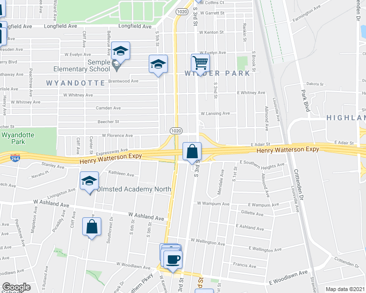 map of restaurants, bars, coffee shops, grocery stores, and more near 4422 South 3rd Street in Louisville