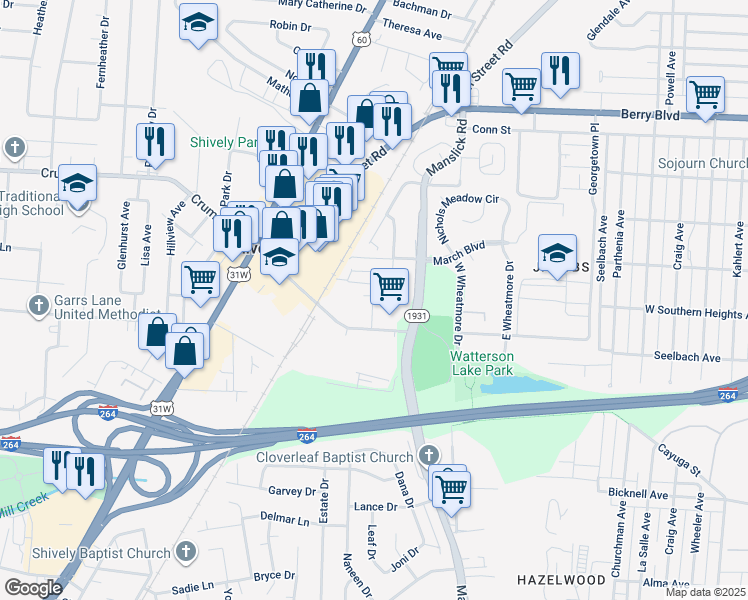 map of restaurants, bars, coffee shops, grocery stores, and more near 67 Rosewood Way in Louisville