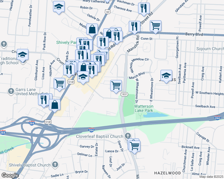 map of restaurants, bars, coffee shops, grocery stores, and more near 67 Rosewood Way in Louisville