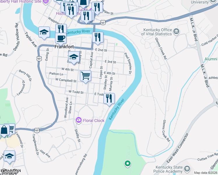 map of restaurants, bars, coffee shops, grocery stores, and more near 506 Murray Street in Frankfort