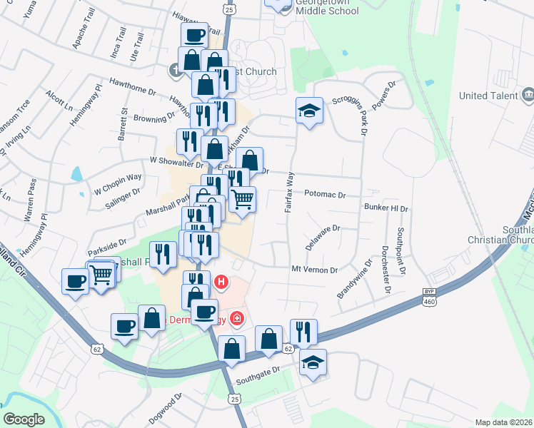 map of restaurants, bars, coffee shops, grocery stores, and more near 1317 Fairfax Way in Georgetown
