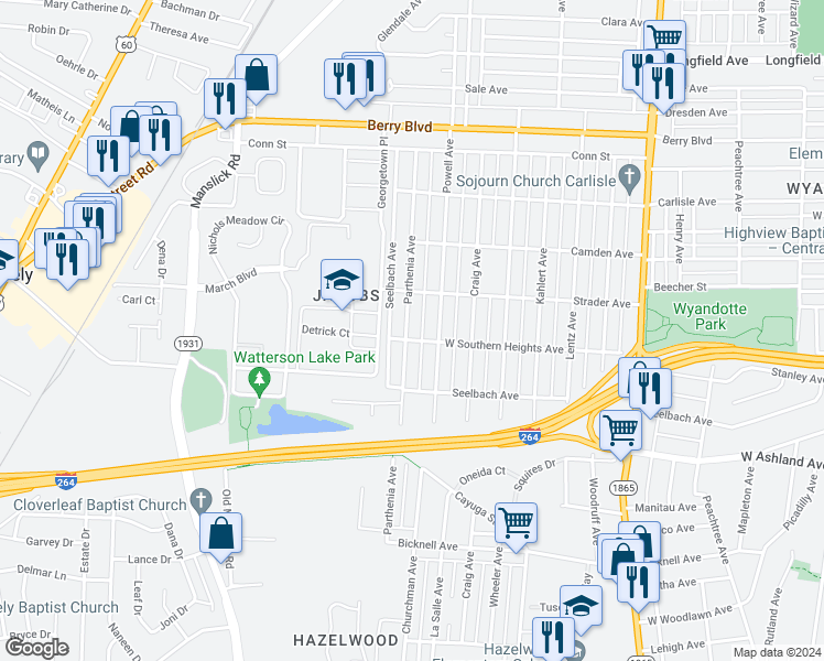 map of restaurants, bars, coffee shops, grocery stores, and more near 3735 Parthenia Avenue in Louisville