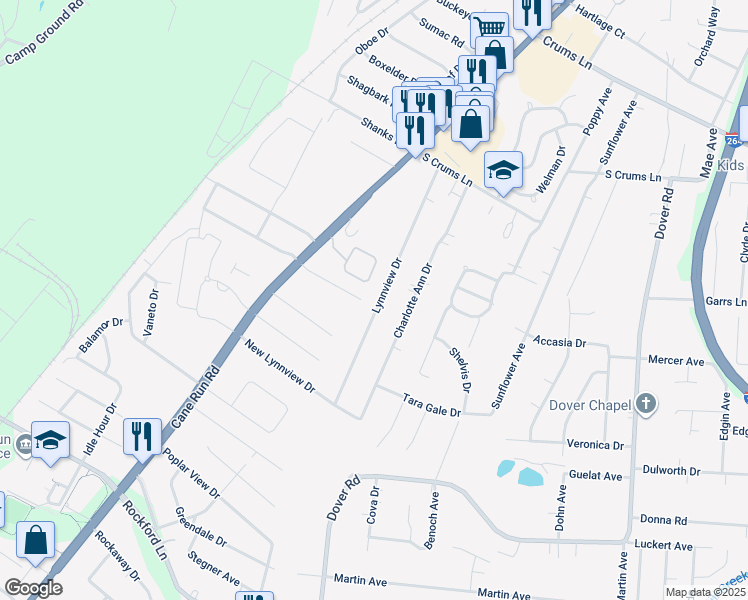 map of restaurants, bars, coffee shops, grocery stores, and more near 4406 Lynnview Drive in Louisville