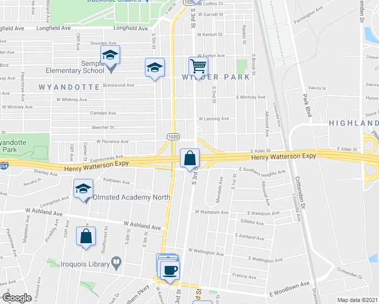 map of restaurants, bars, coffee shops, grocery stores, and more near 4422 South 3rd Street in Louisville