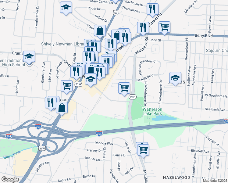 map of restaurants, bars, coffee shops, grocery stores, and more near 67 Rosewood Way in Louisville