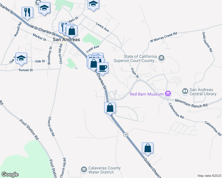 map of restaurants, bars, coffee shops, grocery stores, and more near 441 East Street Charles Street in San Andreas