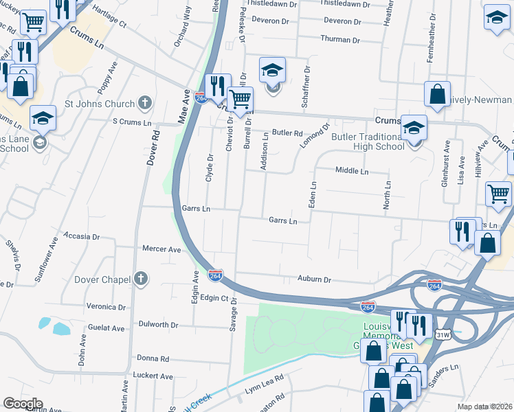 map of restaurants, bars, coffee shops, grocery stores, and more near 4052 Addison Lane in Louisville