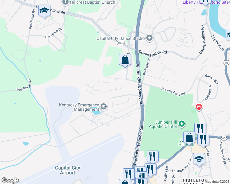 map of restaurants, bars, coffee shops, grocery stores, and more near 216 Ashland Drive in Frankfort
