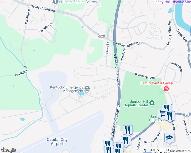 map of restaurants, bars, coffee shops, grocery stores, and more near 300 Ashland Drive in Frankfort
