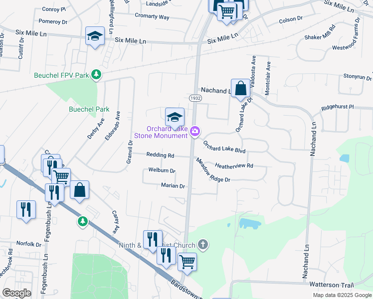 map of restaurants, bars, coffee shops, grocery stores, and more near 200 Redding Road in Louisville