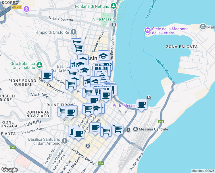 map of restaurants, bars, coffee shops, grocery stores, and more near Via Vittorio Emanuele in Messina