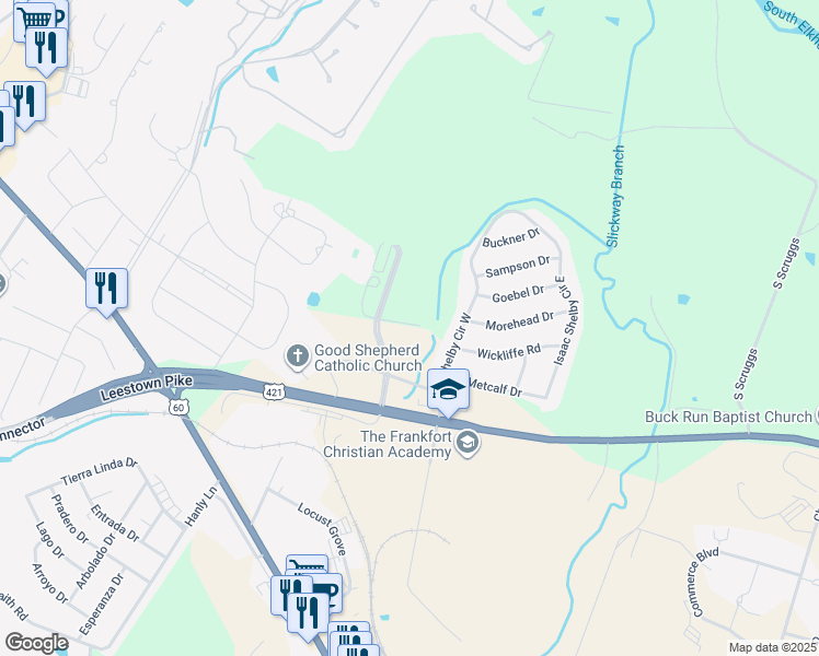 map of restaurants, bars, coffee shops, grocery stores, and more near 205 Shepherd Way in Frankfort