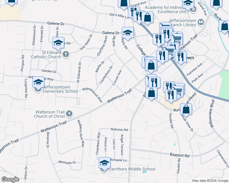 map of restaurants, bars, coffee shops, grocery stores, and more near 10113 Watterson Trail in Jeffersontown