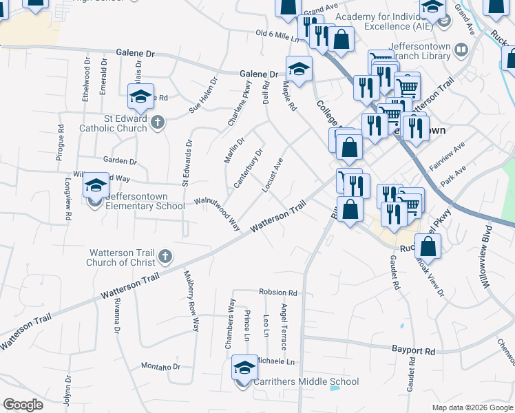 map of restaurants, bars, coffee shops, grocery stores, and more near 10113 Watterson Trail in Jeffersontown