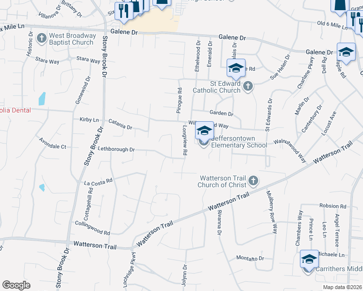 map of restaurants, bars, coffee shops, grocery stores, and more near 3723 Longview Road in Jeffersontown