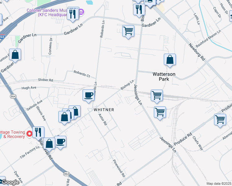 map of restaurants, bars, coffee shops, grocery stores, and more near 4124 Bishop Lane in Louisville