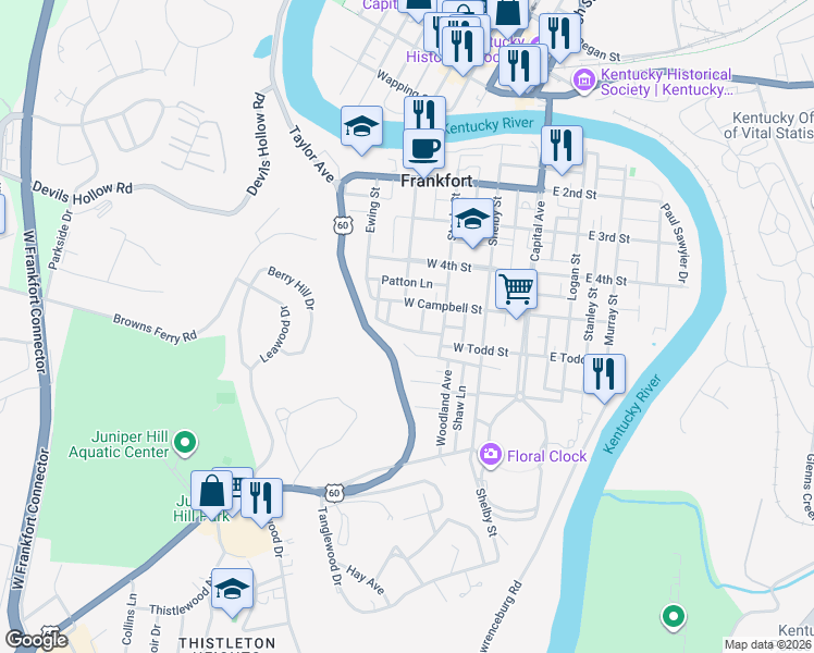 map of restaurants, bars, coffee shops, grocery stores, and more near 312 Coleman Avenue in Frankfort