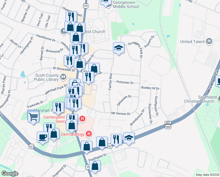 map of restaurants, bars, coffee shops, grocery stores, and more near Fairfax Way in Georgetown