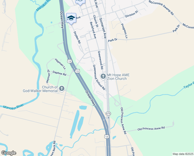 map of restaurants, bars, coffee shops, grocery stores, and more near 11253 Greenwood School Road in Princess Anne