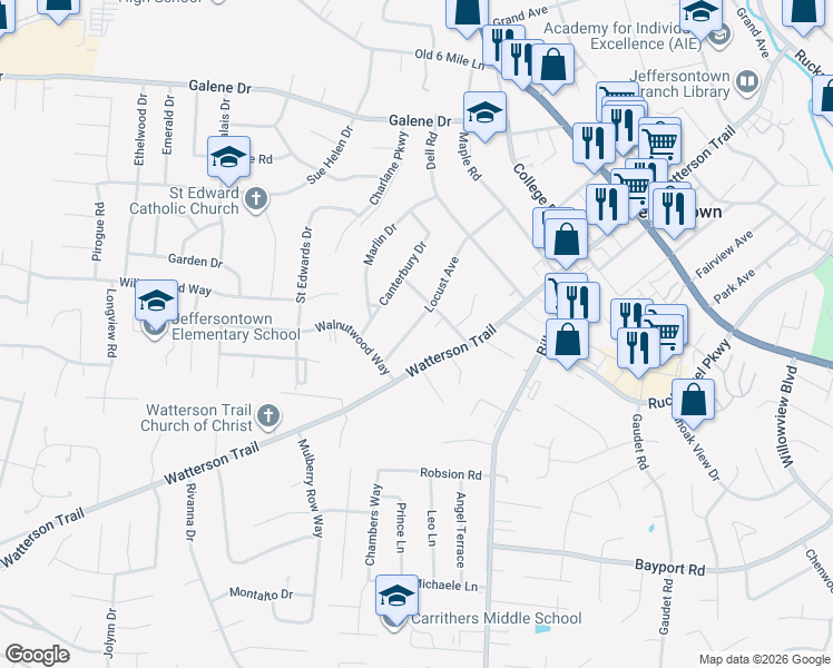 map of restaurants, bars, coffee shops, grocery stores, and more near 10113 Watterson Trail in Jeffersontown