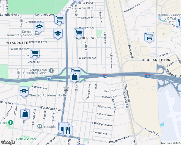 map of restaurants, bars, coffee shops, grocery stores, and more near 115 West Adair Street in Louisville