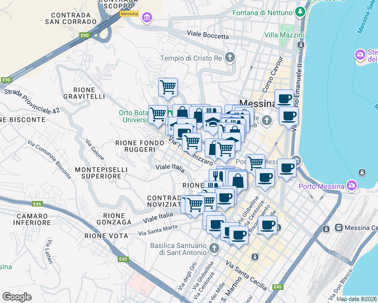 map of restaurants, bars, coffee shops, grocery stores, and more near 224 Via T. Cannizzaro in Messina