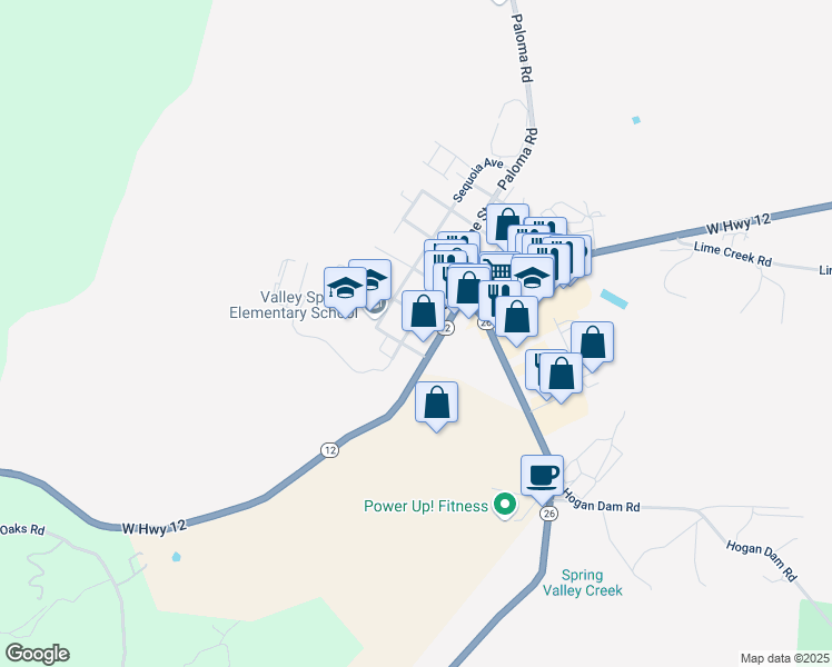 map of restaurants, bars, coffee shops, grocery stores, and more near 154 Pine Street in Valley Springs