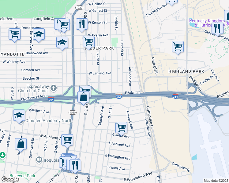 map of restaurants, bars, coffee shops, grocery stores, and more near 103 East Adair Street in Louisville