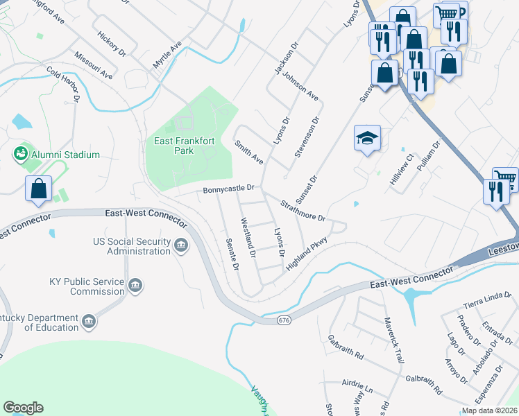 map of restaurants, bars, coffee shops, grocery stores, and more near 255 Kingsway Drive in Frankfort