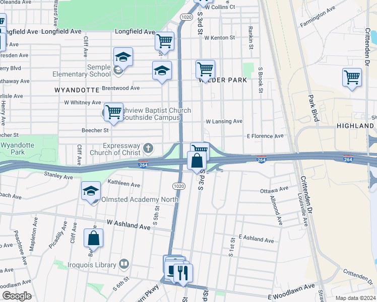 map of restaurants, bars, coffee shops, grocery stores, and more near 4422 South 3rd Street in Louisville