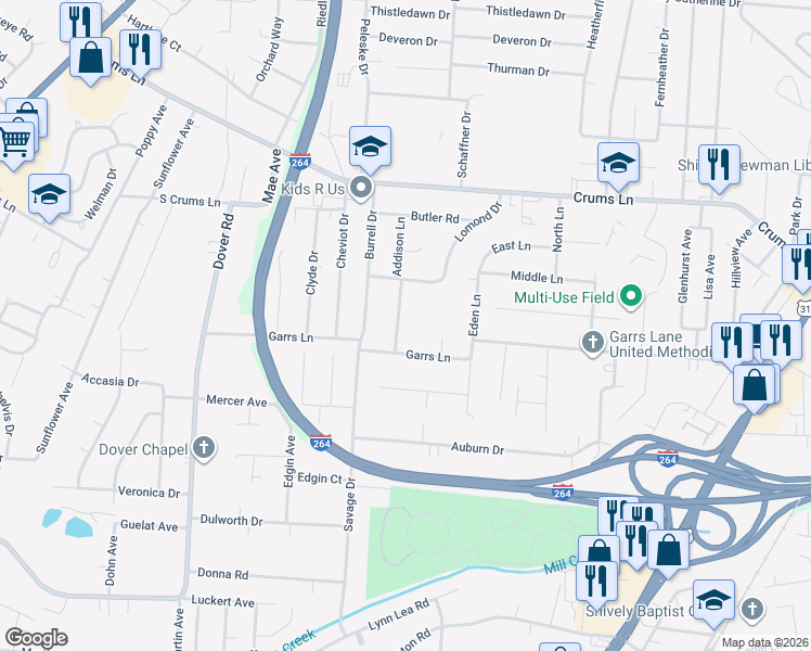 map of restaurants, bars, coffee shops, grocery stores, and more near 4039 Addison Lane in Louisville