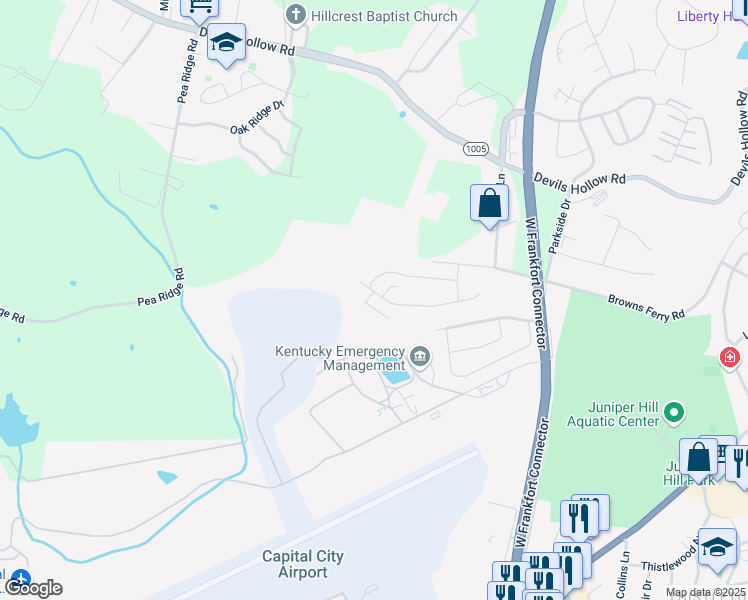 map of restaurants, bars, coffee shops, grocery stores, and more near 257 Donalynn Drive in Frankfort