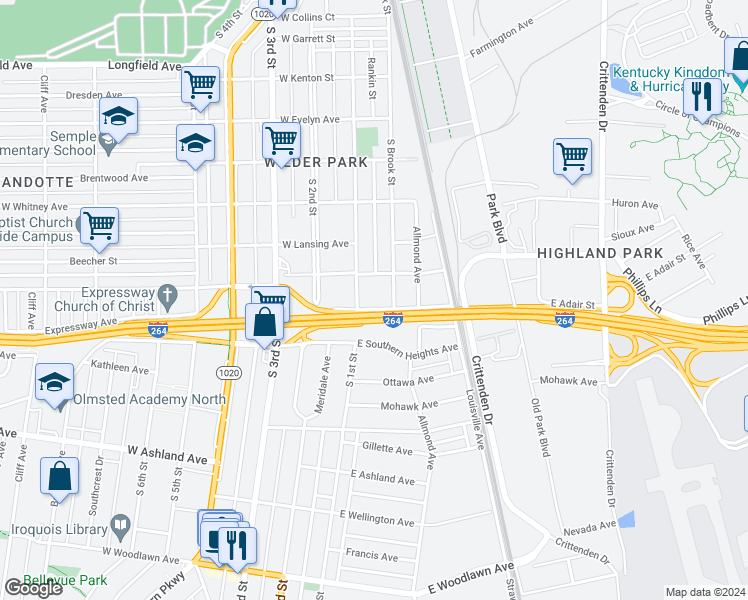 map of restaurants, bars, coffee shops, grocery stores, and more near 103 East Adair Street in Louisville
