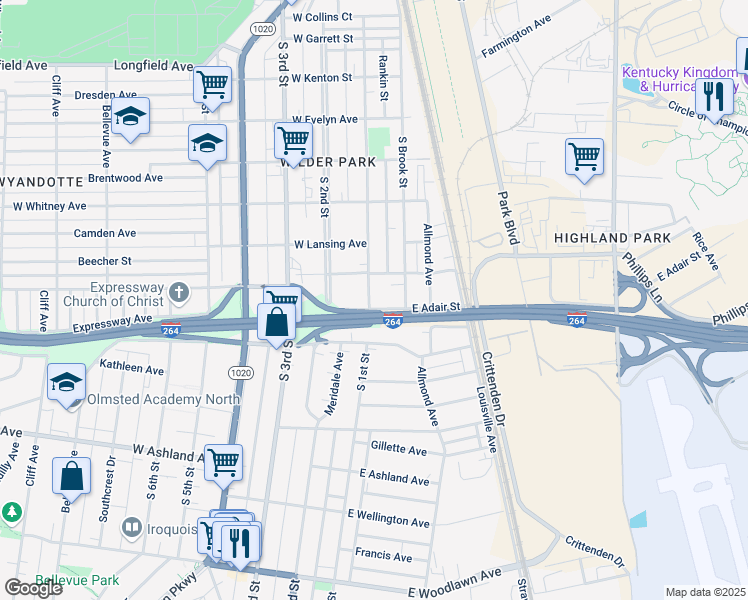 map of restaurants, bars, coffee shops, grocery stores, and more near 103 East Adair Street in Louisville