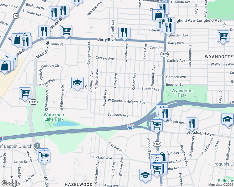 map of restaurants, bars, coffee shops, grocery stores, and more near 3731 Craig Avenue in Louisville