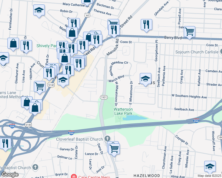 map of restaurants, bars, coffee shops, grocery stores, and more near 3703 Manslick Road in Louisville