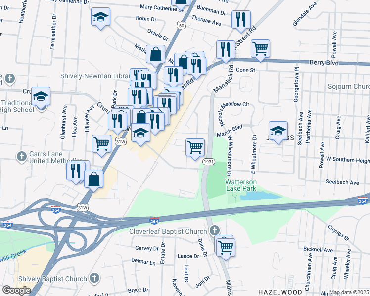 map of restaurants, bars, coffee shops, grocery stores, and more near 67 Rosewood Way in Louisville