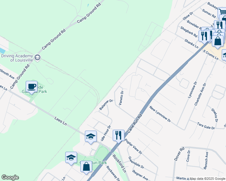 map of restaurants, bars, coffee shops, grocery stores, and more near 4600 Balamor Drive in Louisville