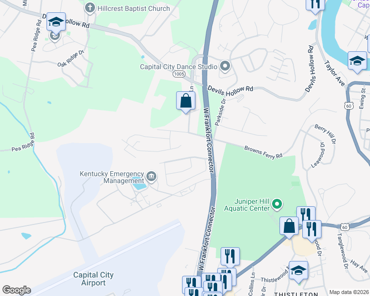 map of restaurants, bars, coffee shops, grocery stores, and more near 1111 Holly Hill Drive in Frankfort