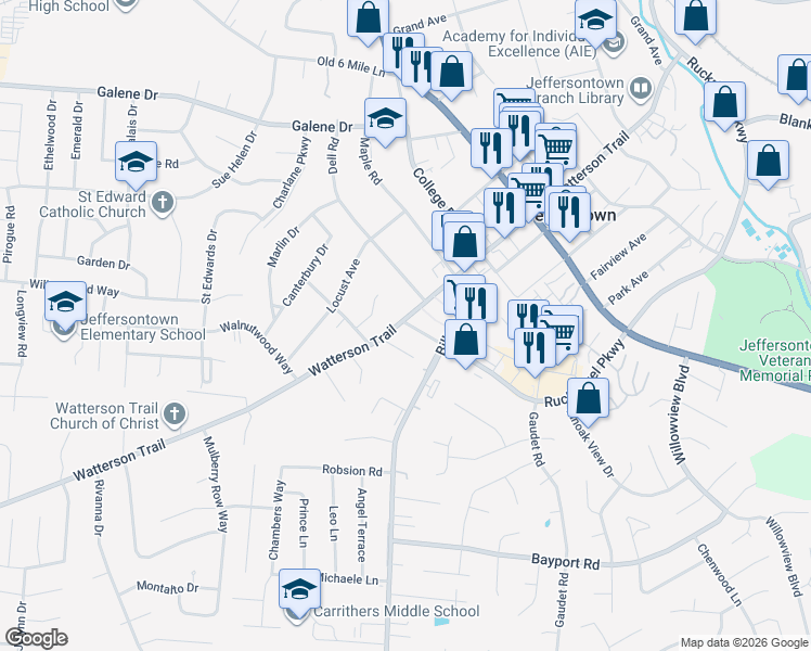 map of restaurants, bars, coffee shops, grocery stores, and more near 10219 Watterson Trail in Jeffersontown