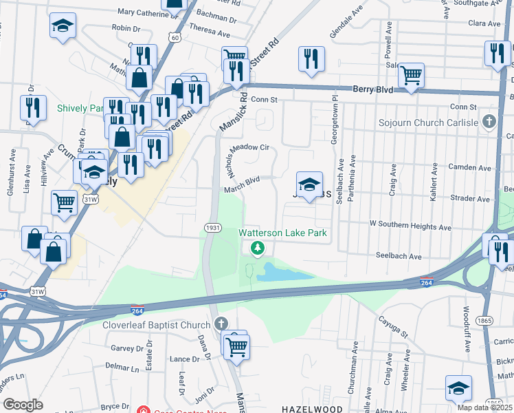 map of restaurants, bars, coffee shops, grocery stores, and more near 3703 West Wheatmore Drive in Louisville